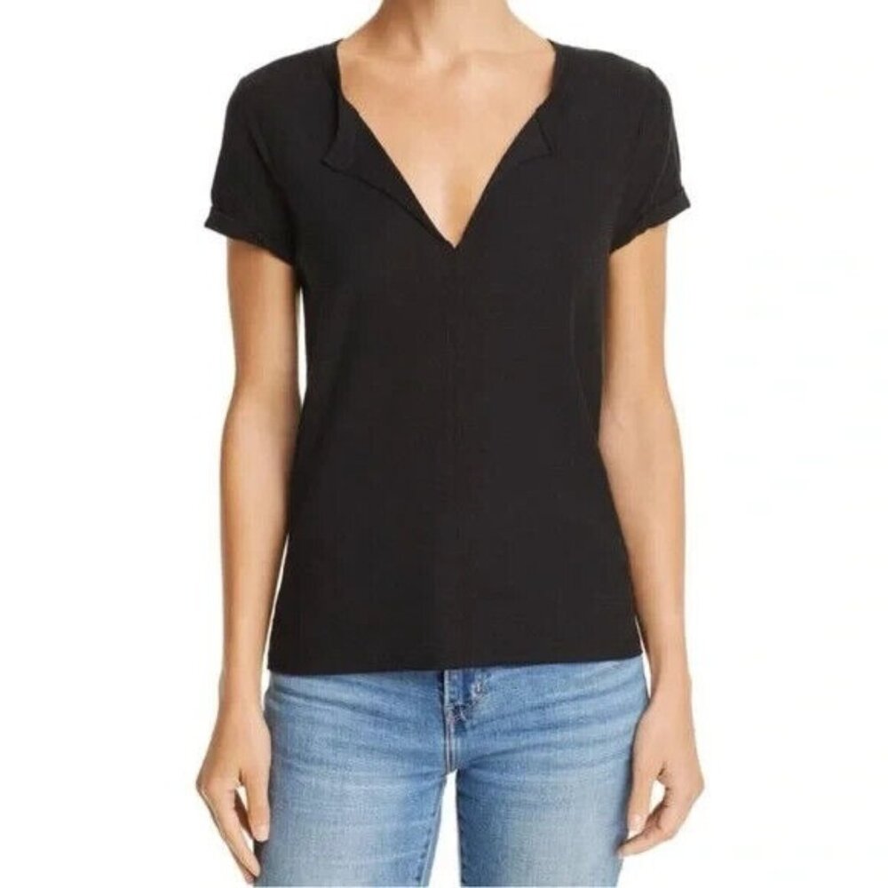 Nation LTD Womens Pima Cotton Lindsey Split Neck Short‎ Sleeve Tee Black Medium